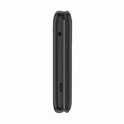 cutting edge electronics online Canada. smart tech store Canada. New TCL Flip 2 Flip Phone. Gallery image 2. The product is shown from a side view, highlighting its slim profile. It features a matte black finish with a textured surface for grip. A small circular hole, likely for a microphone or headphone jack, is visible near the top, while a USB-C port is located further down the side. The background is plain white, emphasizing the product's design without distractions.