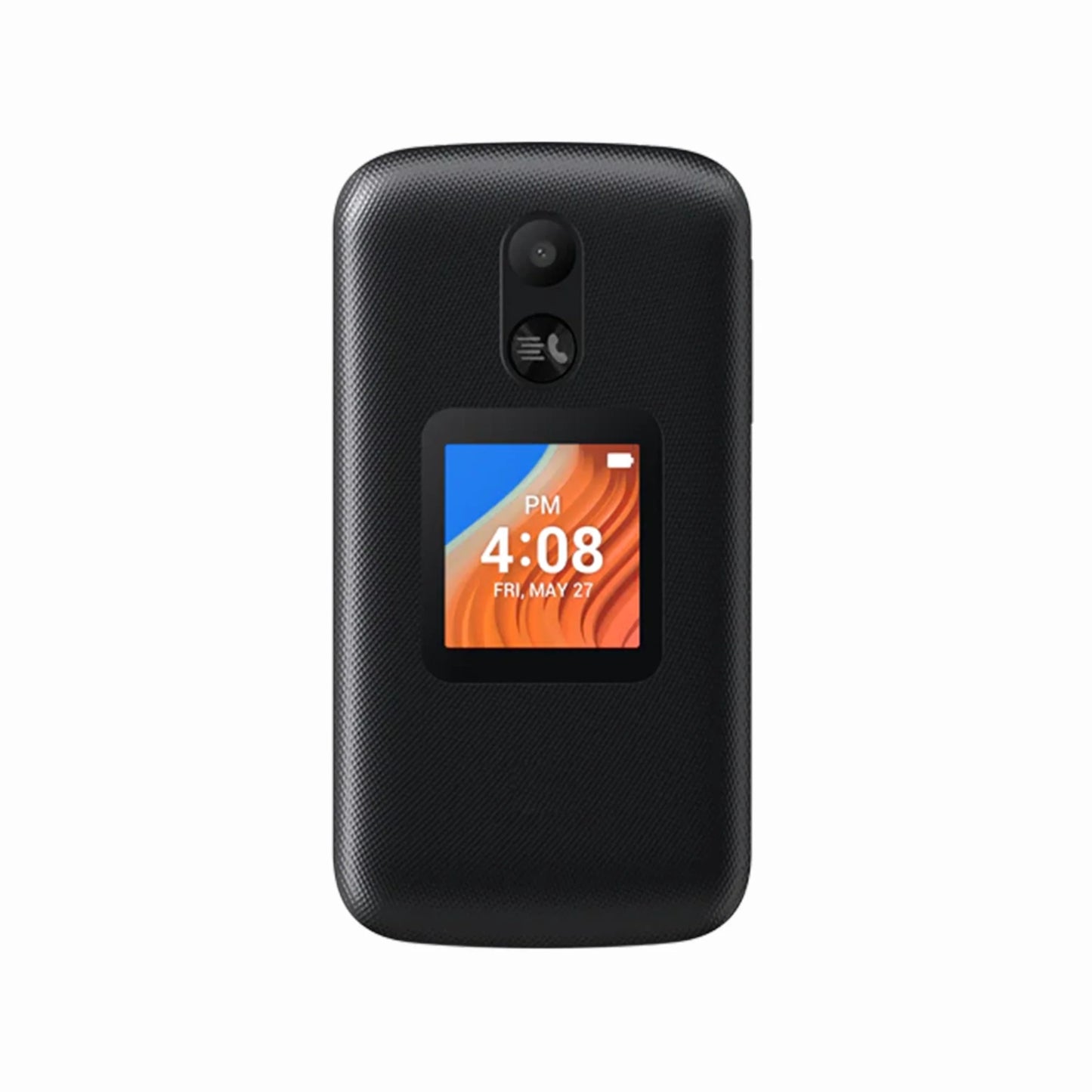 cutting edge electronics online Canada. smart tech store Canada. New TCL Flip 2 Flip Phone. Gallery image 3. The image shows a black flip phone positioned centrally against a plain white background. The phone's textured surface is visible, with a small external display showing the time as 4:08 PM and the date as Friday, May 27. Above the display, there is a camera lens and a call button. The lighting is soft, highlighting the phone's contours without harsh shadows.
