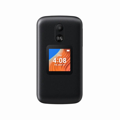 cutting edge electronics online Canada. smart tech store Canada. New TCL Flip 2 Flip Phone. Gallery image 3. The image shows a black flip phone positioned centrally against a plain white background. The phone's textured surface is visible, with a small external display showing the time as 4:08 PM and the date as Friday, May 27. Above the display, there is a camera lens and a call button. The lighting is soft, highlighting the phone's contours without harsh shadows.