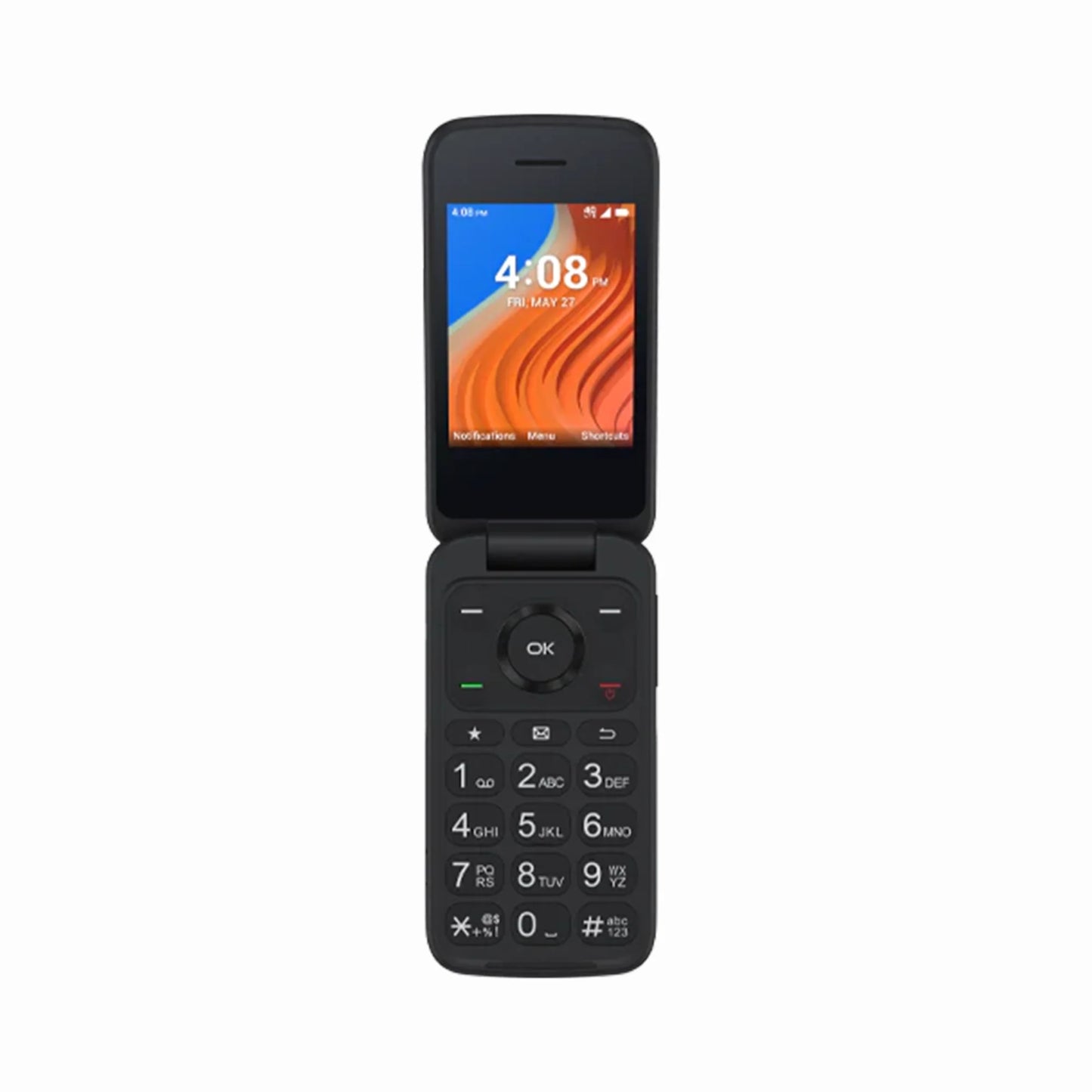 cutting edge electronics online Canada. smart tech store Canada. New TCL Flip 2 Flip Phone. Gallery image 1. The image features a black flip phone positioned upright and centered against a plain white background. The phone's screen displays the time, "4:08 PM," along with a colorful abstract design in shades of blue and orange. Below the screen, a simple keypad with large, tactile buttons is visible, including a circular navigation pad and an "OK" button.