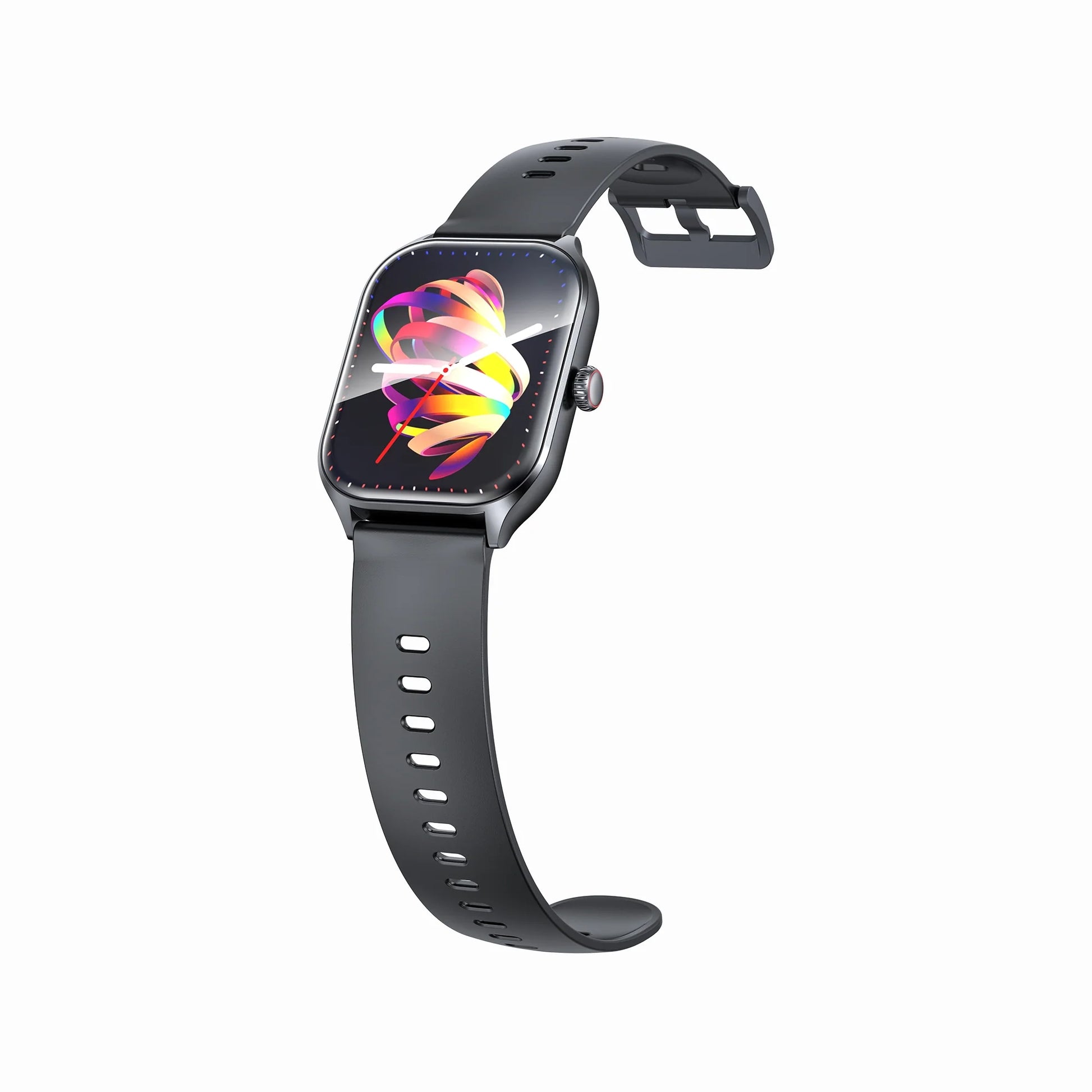 smart tech store Canada. premium tech accessories Canada. Techtron SWH21 (S53 / WATCH) Smart Watch. Gallery image 2. The smartwatch is positioned at a slight angle, showcasing its sleek, square face and rounded edges. The display features a vibrant, colorful graphic design, with a glossy finish that reflects light. The strap is matte black silicone, with multiple holes for adjustability, and it appears flexible and comfortable.