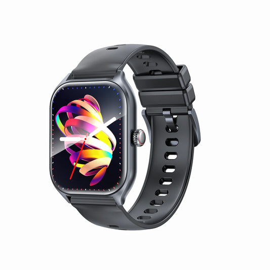 smart tech store Canada. premium tech accessories Canada. Techtron SWH21 (S53 / WATCH) Smart Watch. Gallery image 1. The smartwatch is positioned at a slight angle, showcasing its square face and black silicone strap. The screen displays a vibrant, colorful animation with swirling shapes against a dark background. The watch features a silver bezel and a prominent round button on the side. The background is a seamless white, emphasizing the product's sleek design and modern aesthetic.