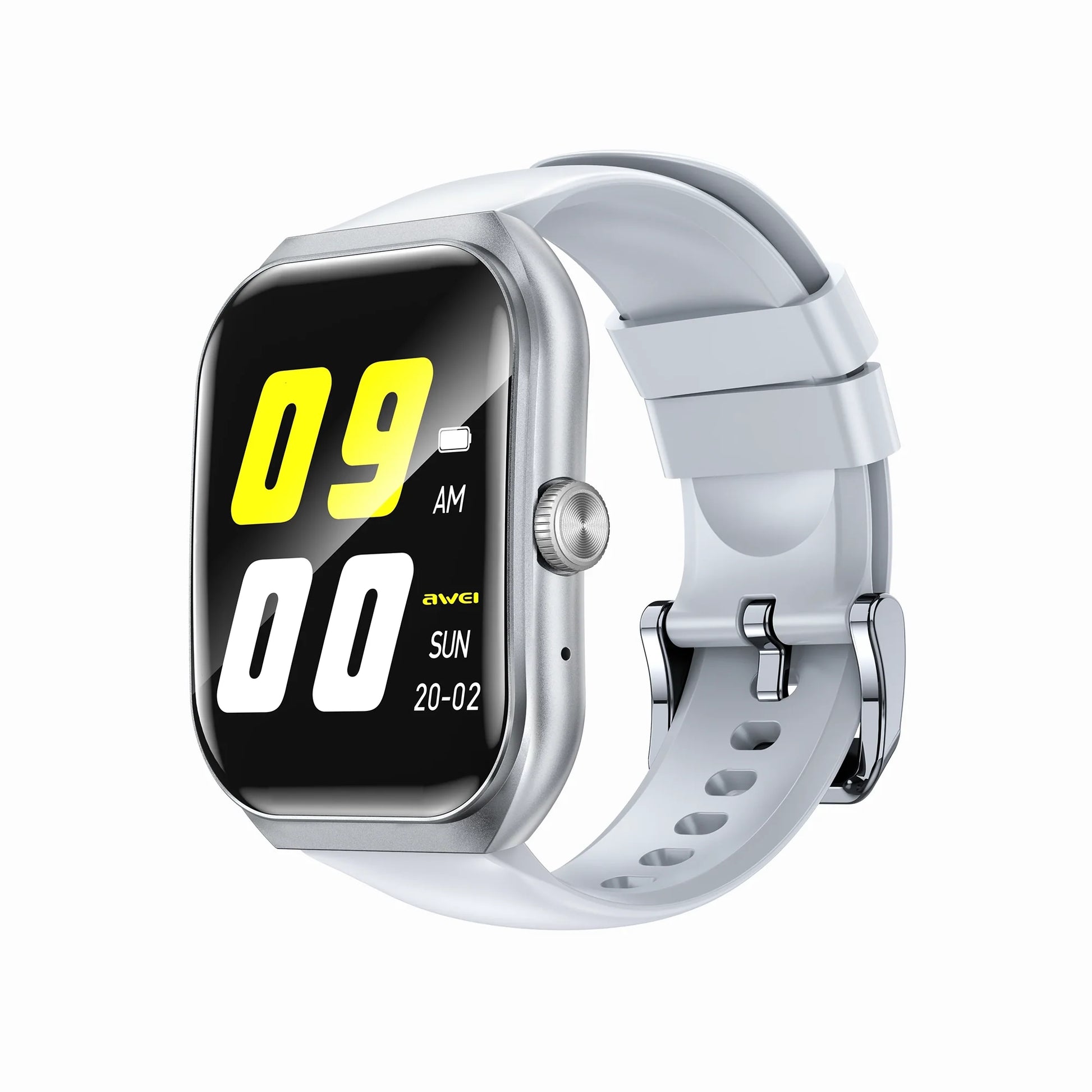 smart tech store Canada. premium tech accessories Canada. Techtron SWH46 (J126) Smart Watch. Gallery image 1. The smartwatch is angled slightly to the right, showcasing its rectangular display. The screen features large, bright yellow numbers indicating the time as "09:00 AM" and the date "SUN 20-02," with the brand name "awei" visible below. The watch has a sleek silver metal frame and a soft white silicone strap with ventilation holes.