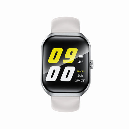 smart tech store Canada. premium tech accessories Canada. Techtron SWH46 (J126) Smart Watch. Gallery image 2. The smartwatch is centered in the frame, showcasing a sleek, square display with a glossy black background. The time is prominently displayed in large yellow and white numbers, reading "09 AM" and "00," with the day and date shown below in smaller text. The watch features a silver metal bezel and a soft white silicone strap.