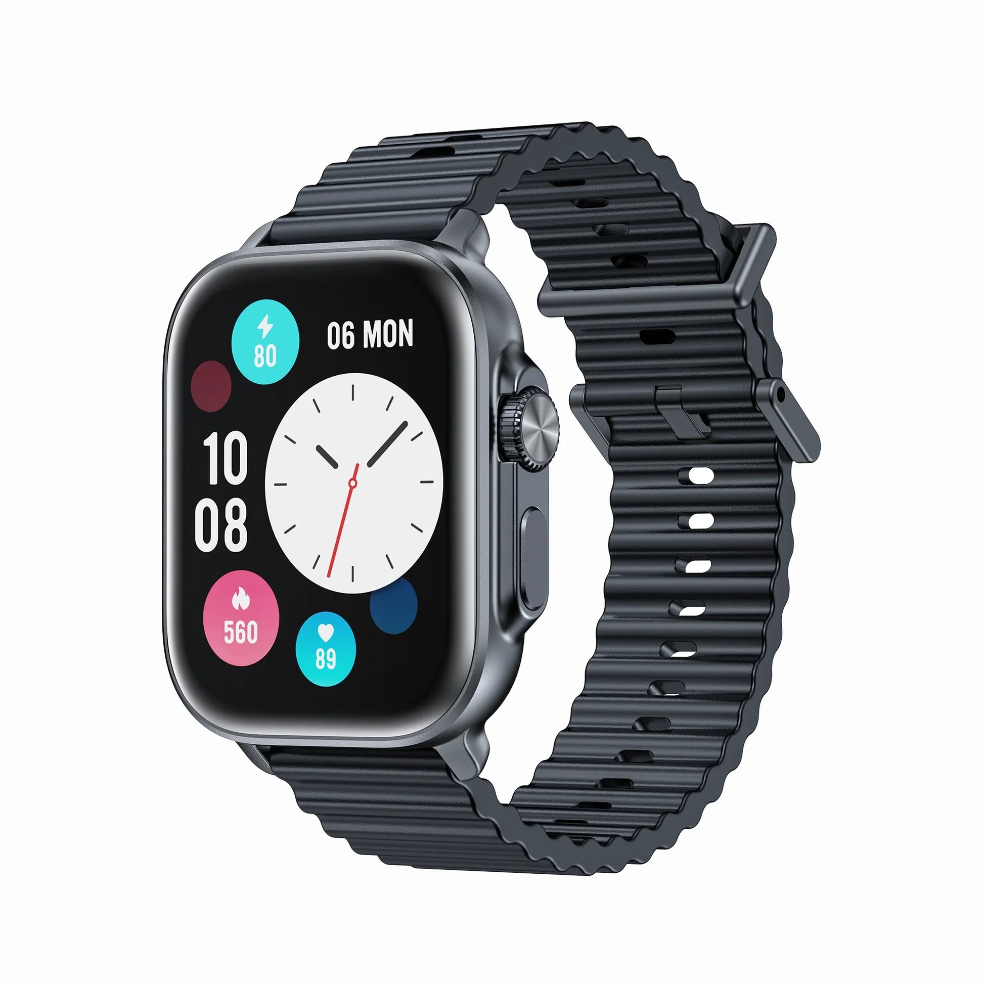 smart tech store Canada. premium tech accessories Canada. Techtron SWH88 (IDSPORT 03) Smart Watch. Gallery image 1. The smartwatch is positioned at a slight angle, showcasing its rounded screen and sleek design. The display features a white clock face with black hour markers, surrounded by colorful circular icons indicating various health metrics. The watch has a matte black band with a ribbed texture, secured with a metal clasp.