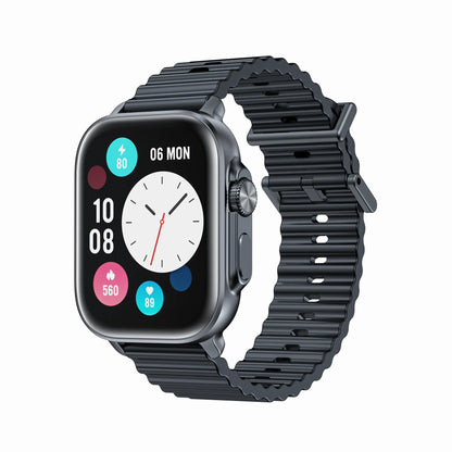 smart tech store Canada. premium tech accessories Canada. Techtron SWH88 (IDSPORT 03) Smart Watch. Gallery image 1. The smartwatch is positioned at a slight angle, showcasing its rounded screen and sleek design. The display features a white clock face with black hour markers, surrounded by colorful circular icons indicating various health metrics. The watch has a matte black band with a ribbed texture, secured with a metal clasp.