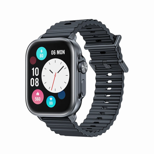 smart tech store Canada. premium tech accessories Canada. Techtron SWH88 (IDSPORT 03) Smart Watch. Gallery image 1. The smartwatch is positioned at a slight angle, showcasing its rounded screen and sleek design. The display features a white clock face with black hour markers, surrounded by colorful circular icons indicating various health metrics. The watch has a matte black band with a ribbed texture, secured with a metal clasp.