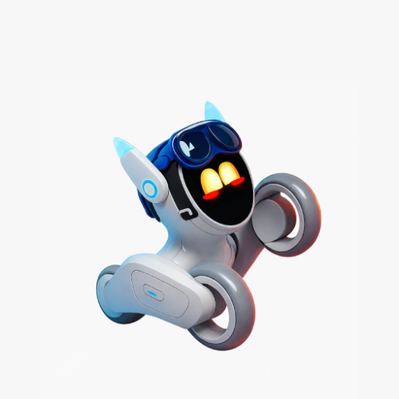smart tech store Canada. premium tech accessories Canada. Loona AI Pet Robot. Gallery image 2. A playful robot character is positioned slightly angled to the right, showcasing its rounded body and large, expressive eyes that glow red. The robot features a glossy white finish with blue accents, including a pair of oversized goggles atop its head. It has two prominent gray wheels, which give it a dynamic appearance, and a small button on its body.