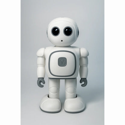 smart tech store Canada. premium tech accessories Canada. Techtron Jarvis AI Programming Educational Robot. Gallery image 2. A friendly-looking robot stands centered against a soft, light grey background. Its body is predominantly white with a smooth, glossy finish, featuring a square gray panel on its chest that has a light bulb icon. The robot has large, expressive black eyes and small gray accents on its ears and hands. Its rounded feet and arms give it a playful appearance.