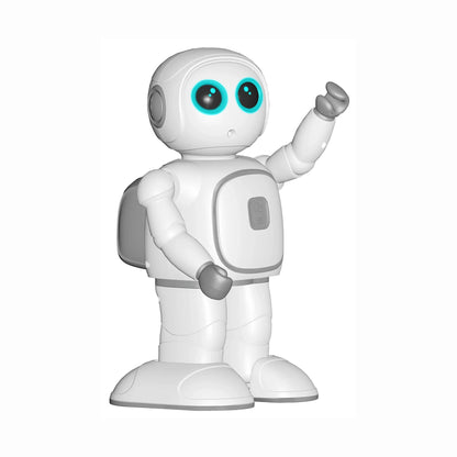 smart tech store Canada. premium tech accessories Canada. Techtron Jarvis AI Programming Educational Robot. Gallery image 1. A small, friendly-looking robot stands upright, centered in the frame with a slight tilt to its head. Its body is predominantly white with smooth, rounded edges, and it features large, expressive blue eyes that give it a playful appearance. The robot's right arm is raised in a waving gesture, while its left arm rests at its side.