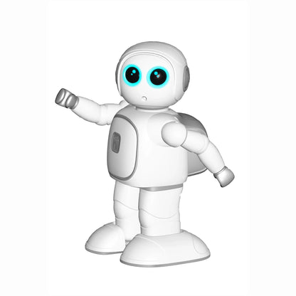 smart tech store Canada. premium tech accessories Canada. Techtron Jarvis AI Programming Educational Robot. Gallery image 4. A small, white robot stands in a slightly angled position, with its left arm raised as if waving. The robot features large, expressive blue eyes and a rounded head, giving it a friendly appearance. Its body has a smooth, glossy finish, with a small gray panel on its chest. The background is a seamless white, enhancing the robot's bright colors and playful design.