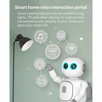 smart tech store Canada. premium tech accessories Canada. Techtron Jarvis AI Programming Educational Robot. Gallery image 5. A small, friendly robot with large blue eyes and a white body is positioned slightly to the right of the frame, extending its right arm as if interacting with the environment. The background features a soft green wall, and a black floor lamp stands to the left, casting gentle light.