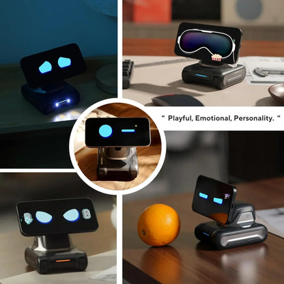 future tech gadgets Canada. smart tech store Canada. LOOI L01 AI Desk Companion Robot. Gallery image 4. A playful device sits prominently in the center, featuring a smartphone-like screen displaying expressive blue eyes and various animated features. The unit has a glossy black body with a subtle blue LED light at the base, suggesting functionality. Surrounding it are lifestyle elements, including an orange on a wooden surface and a keyboard in the background, creating a casual setting.