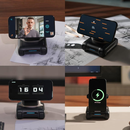 future tech gadgets Canada. smart tech store Canada. LOOI L01 AI Desk Companion Robot. Gallery image 7. The image showcases a multi-functional phone stand in a sleek black finish, positioned on a wooden desk. The stand holds a smartphone at an angle, displaying various screens in four quadrants. The top left shows a video call with a person gesturing, while the top right features a gaming interface.