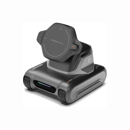future tech gadgets Canada. smart tech store Canada. LOOI L01 AI Desk Companion Robot. Gallery image 5. The product is a sleek, compact device positioned at a slight angle, showcasing its rounded top and smooth edges. It features a matte black finish with glossy accents, including a circular control dial on top with indicator lights. The base has a subtle gradient and includes a colored LED strip along the front. The background is a seamless white, enhancing the product's modern design.