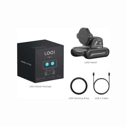future tech gadgets Canada. smart tech store Canada. LOOI L01 AI Desk Companion Robot. Gallery image 6. The image features a LOOI robot positioned prominently in the center, angled slightly to showcase its design. It has a sleek, matte gray body with a rounded top and two blue lights resembling eyes. To the left, the black packaging displays the LOOI logo and product name, with a minimalist design. Below the robot, a circular docking ring and a USB-C cable are neatly arranged, both in black.