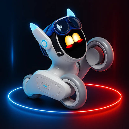 smart tech store Canada. premium tech accessories Canada. Loona AI Pet Robot. Gallery image 3. The robot figure is positioned slightly angled to the right, showcasing its playful design against a dark background illuminated by blue and red circular lights. Its body is predominantly white with glossy accents, featuring large, expressive yellow eyes and red pupils that stand out against its black face. The robot wears blue goggles and has rounded wheels, with a small button on its side.