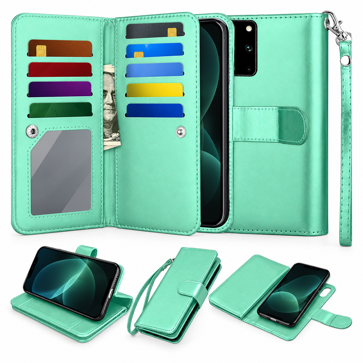 Bifold 9 Card Detachable Wallet Case for Samsung Galaxy S20 Plus - Teal