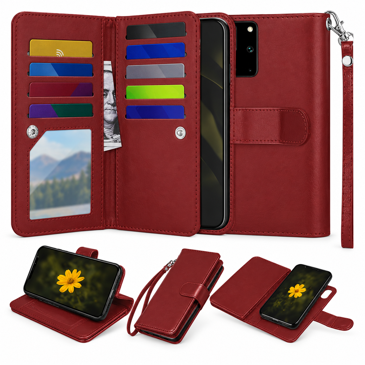 Bifold 9 Card Detachable Wallet Case for Samsung Galaxy S20 Plus - Wine