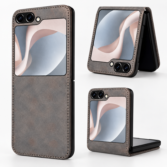 Grey Samsung Galaxy Z Flip 5 phone case, Leather Feel Back Plate design, mobile phone cover design