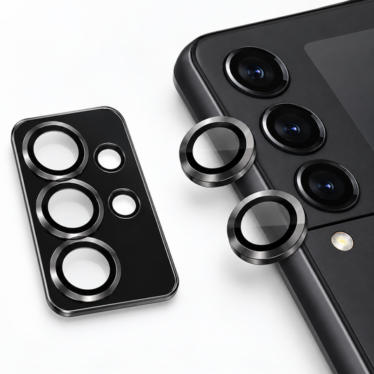 Black Samsung Galaxy Z Flip 4 camera protector, Camera Ring Protector design, phone camera lens protection