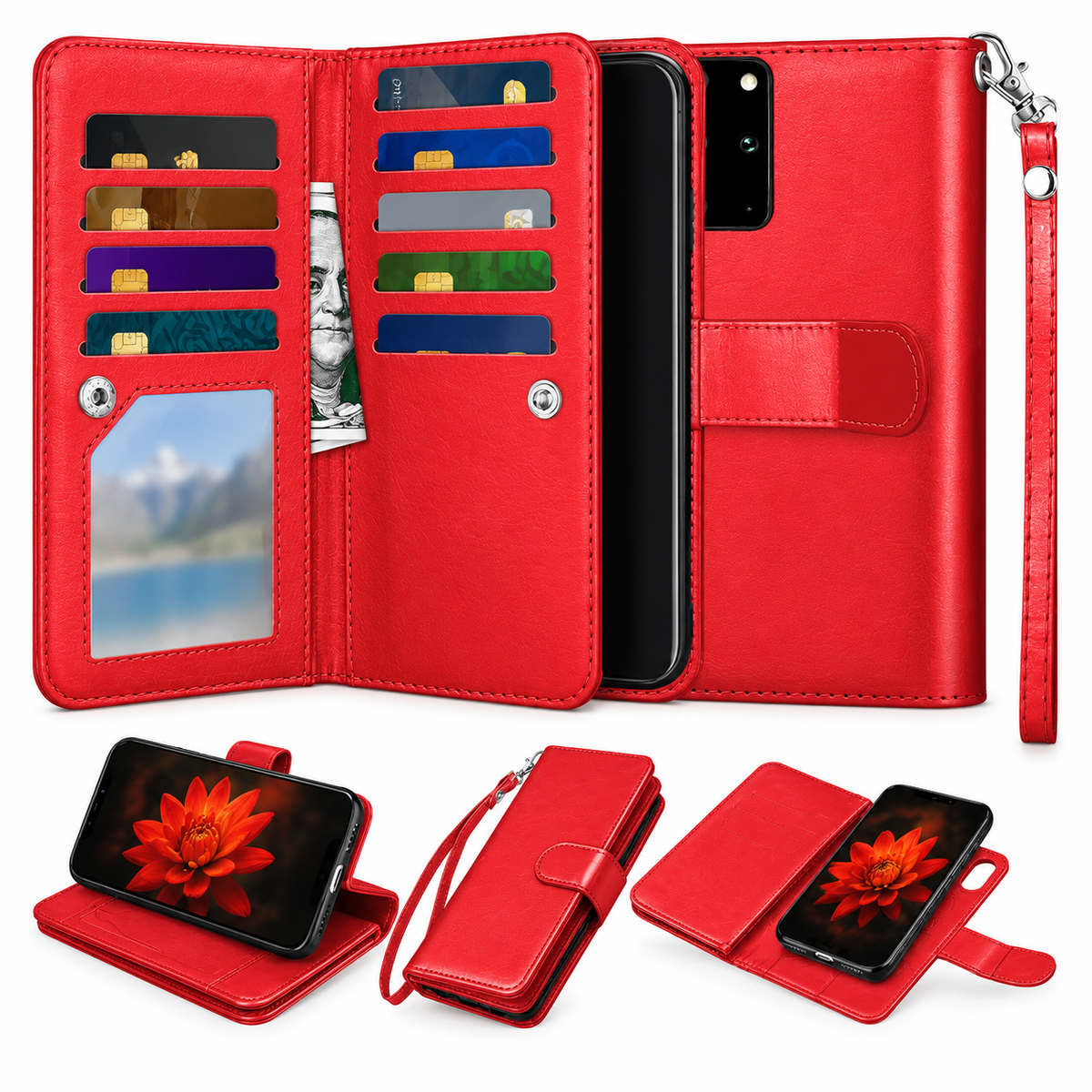 Bifold 9 Card Detachable Wallet Case for Samsung Galaxy S20 Plus - Red