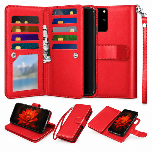 Bifold 9 Card Detachable Wallet Case for Samsung Galaxy S20 Plus - Red