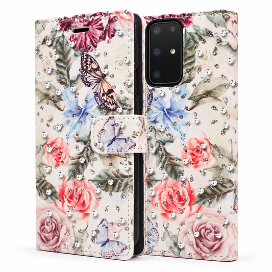 Diamond Wallet with Floral Design Case for Samsung Galaxy S20 Plus - White Butterfly