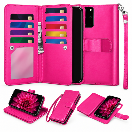 Bifold 9 Card Detachable Wallet Case for Samsung Galaxy S20 Plus - Hot Pink