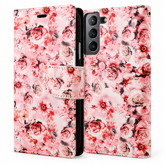 Diamond Wallet w/ Floral Design for Samsung Galaxy S23 Plus - Orange Pink
