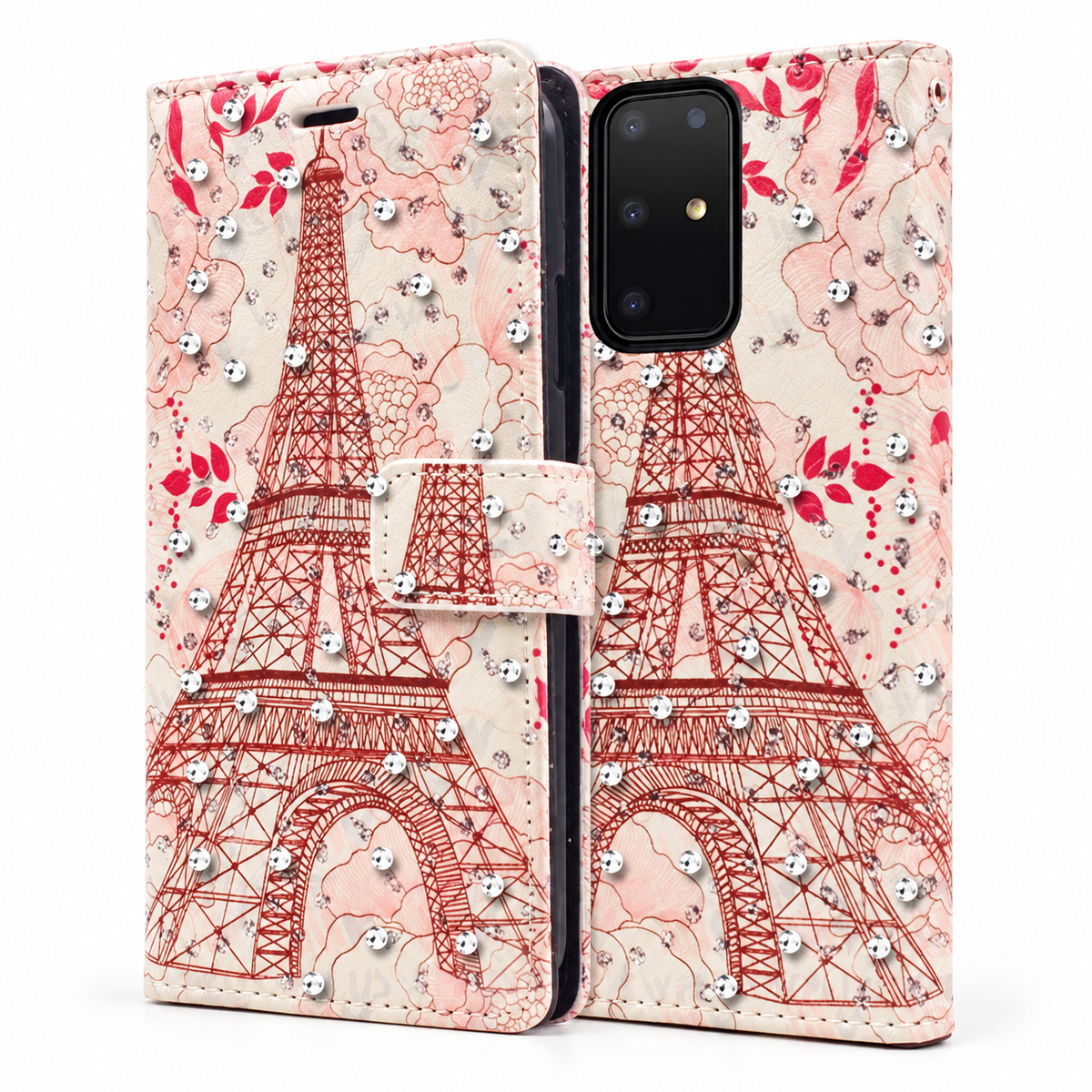 Diamond Wallet with Floral Design Case for Samsung Galaxy S20 Plus - Pink Rose Paris