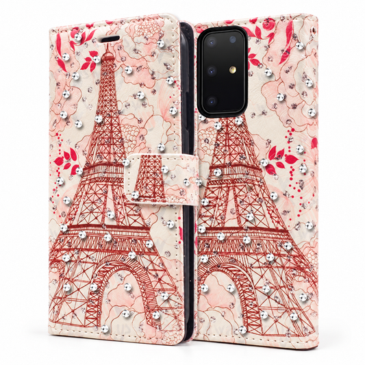 Diamond Wallet with Floral Design Case for Samsung Galaxy S20 Plus - Pink Rose Paris