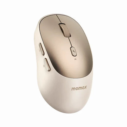 future tech gadgets Canada. smart tech store Canada. Momax 1-Folio A.I. Mouse. Gallery image 5. The mouse is positioned at a slight angle, showcasing its sleek, ergonomic design. It features a glossy, light gold top with a matte cream body, and the brand name "momax" is printed in a subtle font on the side.