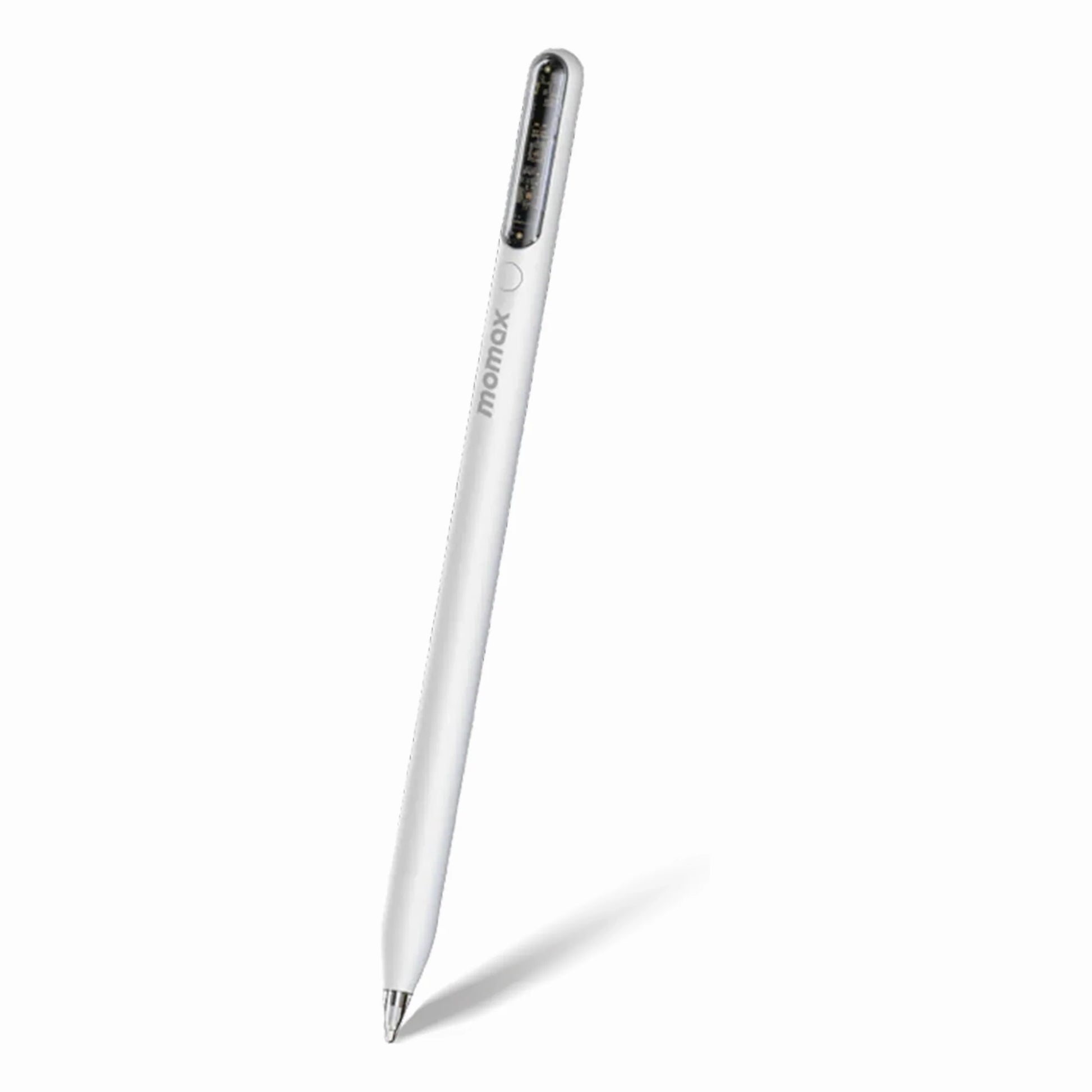 smart tech store Canada. premium tech accessories Canada. Momax 1-Folio Flow Find My Active Stylus Pen. Gallery image 5. A sleek, white stylus is positioned diagonally in the frame, casting a soft shadow on a seamless white background. The stylus features a glossy finish with a subtle metallic tip and a small, clear display area near the top. The brand name "momax" is printed in a light gray font along the side.