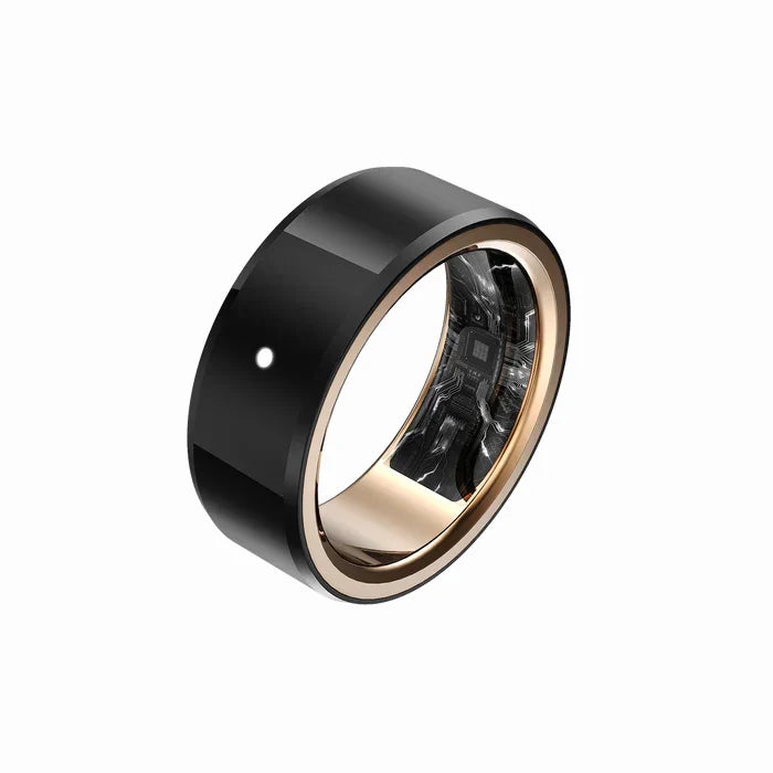 smart tech store Canada. premium tech accessories Canada. Momax 1-Sense Active Smart Ring. Gallery image 3. The image features a sleek, modern smart ring positioned at an angle, showcasing its smooth, glossy black exterior and a shiny gold inner band. The ring is set against a plain white background, allowing it to stand out prominently. A small circular sensor is visible on the outer surface, hinting at its technological features.