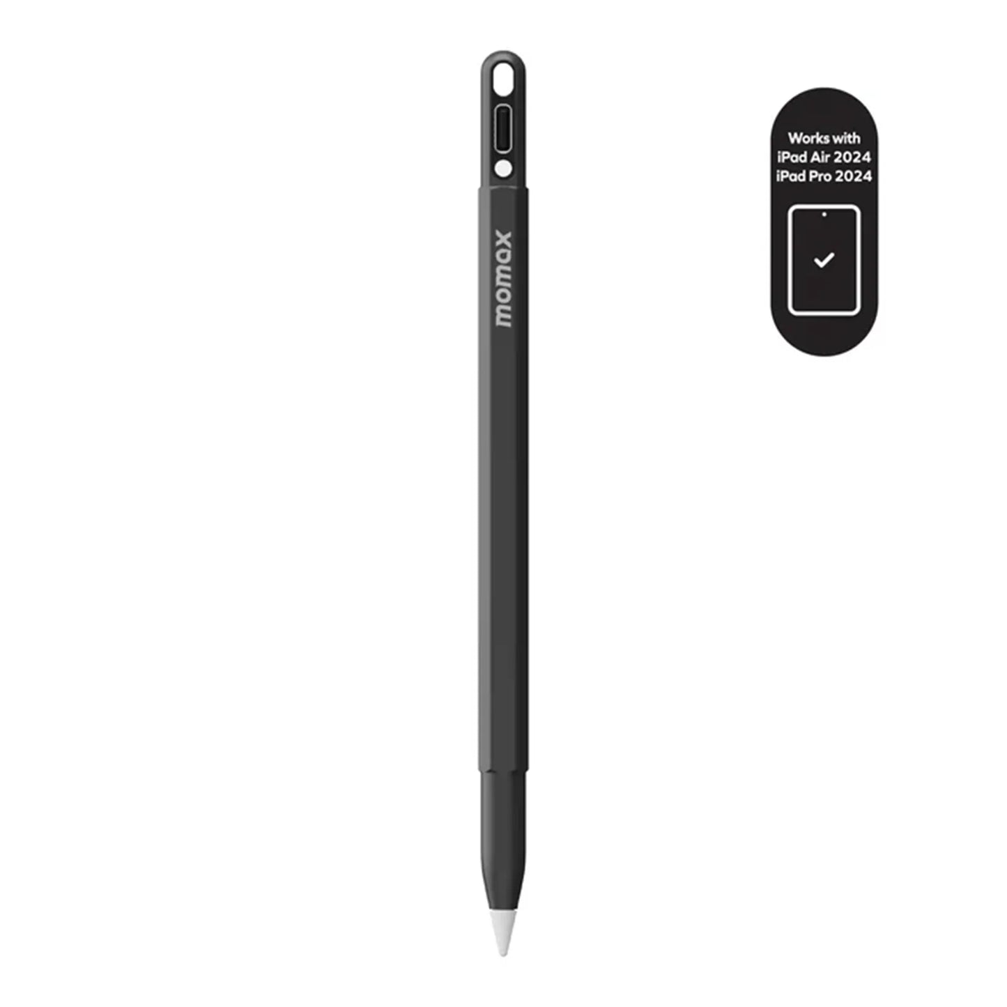 smart tech store Canada. premium tech accessories Canada. Momax Mag.Link Pop Magnetic Active Stylus Pen. Gallery image 1. A sleek black stylus is centered against a seamless white background, showcasing its minimalist design. The stylus has a tapered tip with a white end, and features a small hole near the top for attaching a lanyard or clip. To the right, a small black label indicates compatibility with the iPad Air 2024 and iPad Pro 2024, with a checkmark symbol.