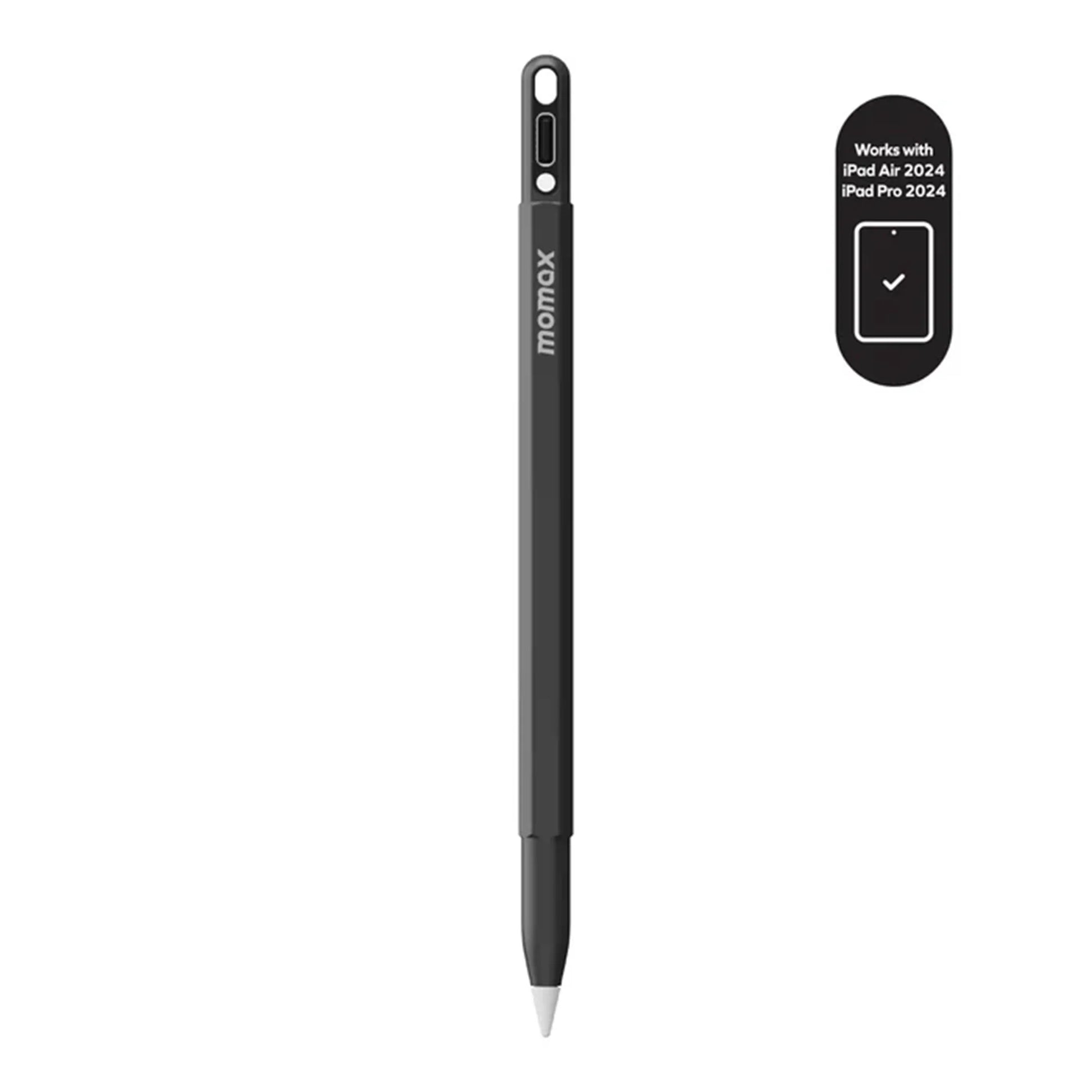 smart tech store Canada. premium tech accessories Canada. Momax Mag.Link Pop Magnetic Active Stylus Pen. Gallery image 1. A sleek black stylus is centered against a seamless white background, showcasing its minimalist design. The stylus has a tapered tip with a white end, and features a small hole near the top for attaching a lanyard or clip. To the right, a small black label indicates compatibility with the iPad Air 2024 and iPad Pro 2024, with a checkmark symbol.
