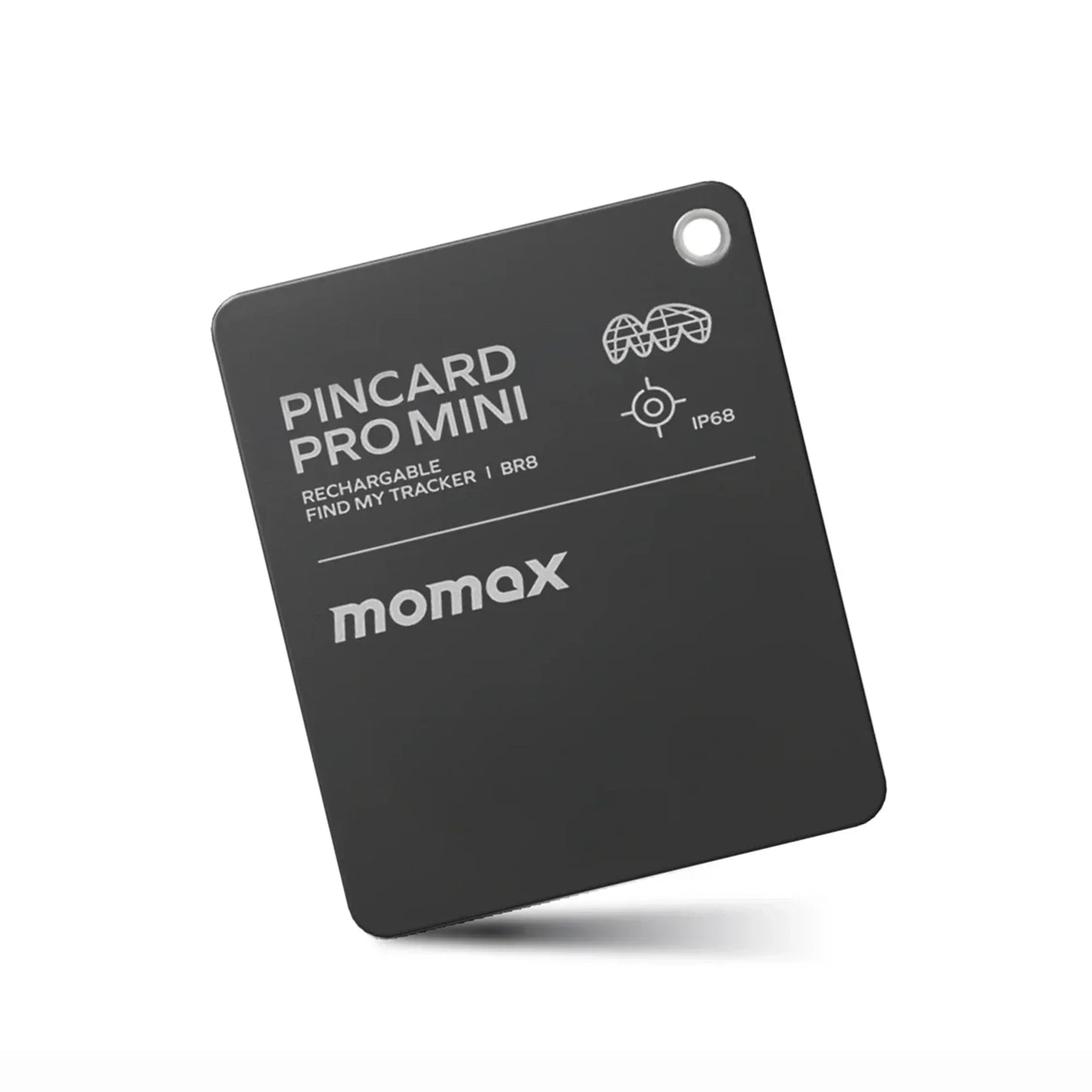 future tech gadgets Canada. smart tech store Canada. Momax Pincard Pro Mini Rechargeable Find My Tracker. Gallery image 5. The product is a small, rectangular tracking device, positioned at a slight angle against a white background. The device is predominantly black with a matte finish, featuring rounded corners. The front displays the text "PINCARD PRO MINI" in bold white letters, along with the words "RECHARGEABLE FIND MY TRACKER" and the brand name "momax" below it.