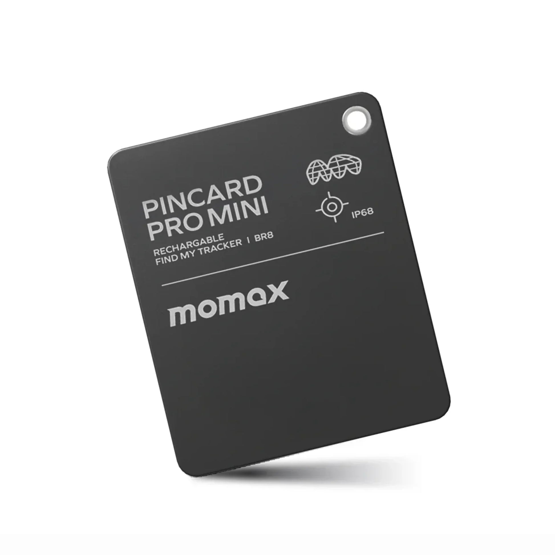 future tech gadgets Canada. smart tech store Canada. Momax Pincard Pro Mini Rechargeable Find My Tracker. Gallery image 5. The product is a small, rectangular tracking device, positioned at a slight angle against a white background. The device is predominantly black with a matte finish, featuring rounded corners. The front displays the text "PINCARD PRO MINI" in bold white letters, along with the words "RECHARGEABLE FIND MY TRACKER" and the brand name "momax" below it.