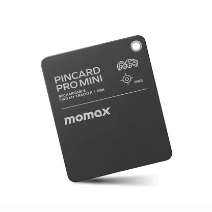 future tech gadgets Canada. smart tech store Canada. Momax Pincard Pro Mini Rechargeable Find My Tracker. Gallery image 5. The product is a small, rectangular tracking device, positioned at a slight angle against a white background. The device is predominantly black with a matte finish, featuring rounded corners. The front displays the text "PINCARD PRO MINI" in bold white letters, along with the words "RECHARGEABLE FIND MY TRACKER" and the brand name "momax" below it.