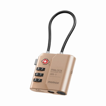 future tech gadgets Canada. smart tech store Canada. Momax Pinlock TSA Padlock Find My Location. Gallery image 4. The image features a gold-colored combination lock with a flexible cable. The lock is positioned at a slight angle, allowing a clear view of its front and side. Three dials display the numbers 8, 7, and 7, indicating the combination settings.