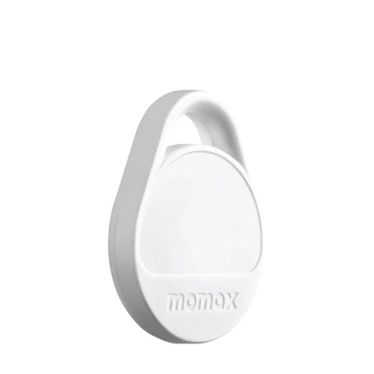 future tech gadgets Canada. smart tech store Canada. Momax Pinpop Lite Find My Tracker. Gallery image 1. The product is a small, round white tracking device, positioned at a slight angle against a seamless white background. The device features a smooth, glossy surface with a prominent logo reading "momax" near the bottom. A loop at the top allows for easy attachment to keychains or bags. The lighting is bright and even, highlighting the device's clean design without any visible shadows.