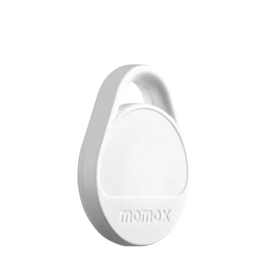 future tech gadgets Canada. smart tech store Canada. Momax Pinpop Lite Find My Tracker. Gallery image 1. The product is a small, round white tracking device, positioned at a slight angle against a seamless white background. The device features a smooth, glossy surface with a prominent logo reading "momax" near the bottom. A loop at the top allows for easy attachment to keychains or bags. The lighting is bright and even, highlighting the device's clean design without any visible shadows.