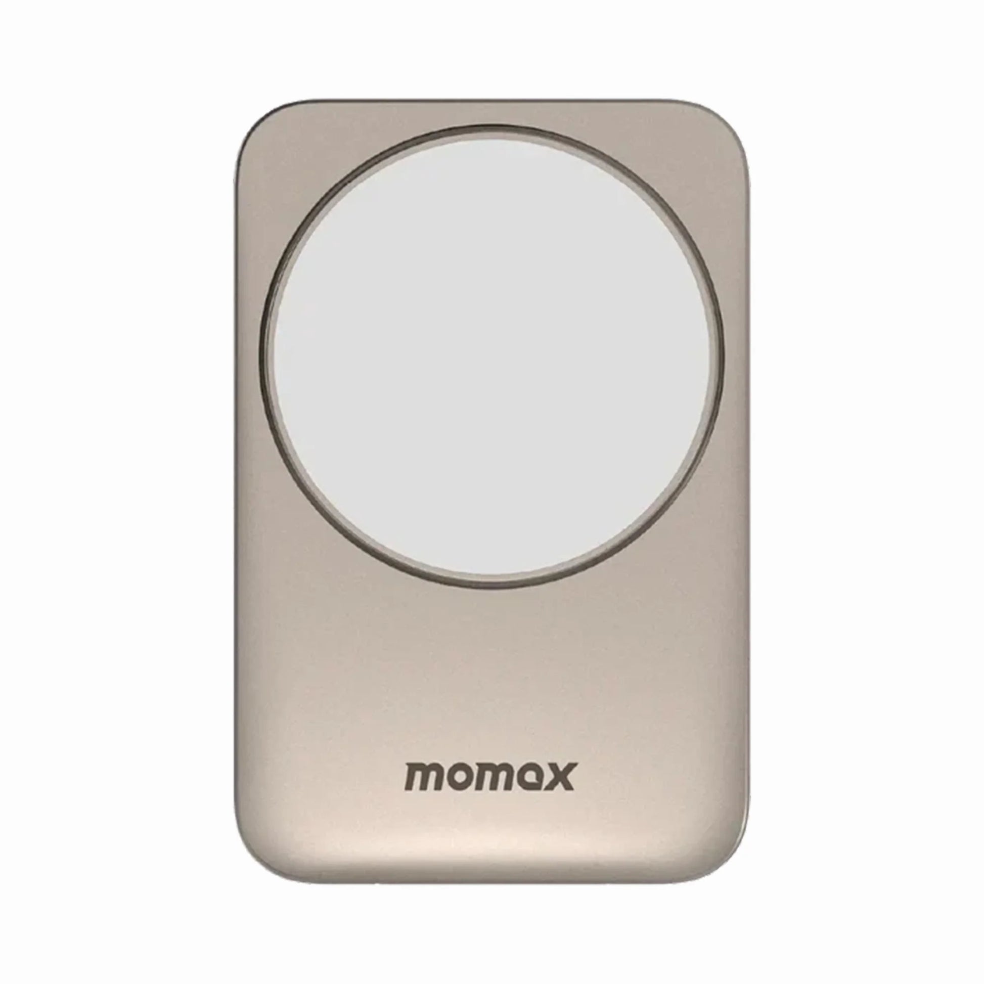 smart tech store Canada. premium tech accessories Canada. Momax 1-Charge Q.Port Qi2 3-in-1 Magnetic Wireless Charging Stand. Gallery image 1. The product is a sleek, rectangular wireless charger with a smooth, metallic gold finish. It features a prominent circular charging area in the center, which is white and slightly raised. The brand name "momax" is printed in small, dark letters near the bottom edge.