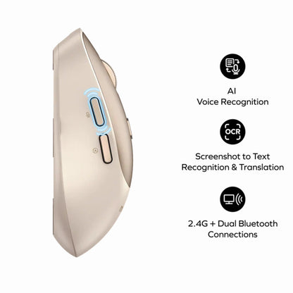 future tech gadgets Canada. smart tech store Canada. Momax 1-Folio A.I. Mouse. Gallery image 1. The image shows a sleek, ergonomic mouse positioned at a slight angle, highlighting its side profile. The mouse features a soft gold finish with a matte texture, and it has a prominent blue LED indicator near the center. Two buttons are visible: one with a circular design and another rectangular button below it. The background is a clean white, emphasizing the product's design.