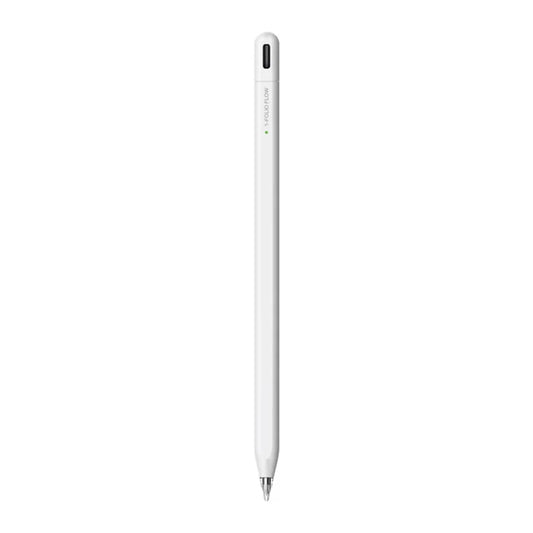 smart tech store Canada. premium tech accessories Canada. Momax 1-Folio Flow Find My Active Stylus Pen. Gallery image 1. The image features a sleek, white stylus positioned vertically in the center of a seamless white background. The stylus has a smooth, matte finish with a pointed tip at the bottom and a small circular opening near the top. A subtle green LED indicator is visible, suggesting the stylus is powered on.
