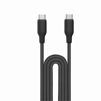 future tech gadgets Canada. premium tech accessories Canada. Momax 1-Link CC 100W USB-C 3.0M Braided Cable. Gallery image 3. A black USB-C cable is displayed in a centered position, with both ends visible and slightly angled. The cable features a textured fabric covering, giving it a durable appearance. The connectors at each end are smooth and glossy, with the brand name "monax" embossed on one side. The background is plain white, providing a clean contrast that highlights the cable's design.
