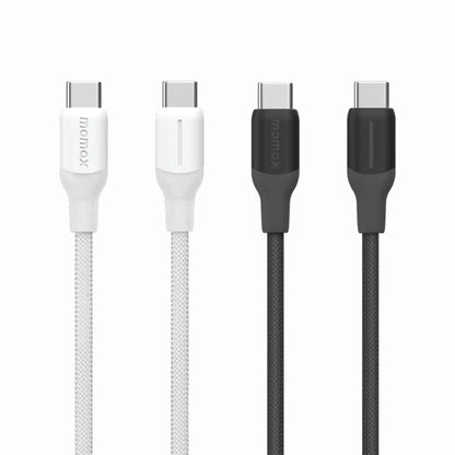 future tech gadgets Canada. premium tech accessories Canada. Momax 1-Link CC 100W USB-C 3.0M Braided Cable. Gallery image 1. The image features four USB-C cables arranged horizontally against a plain white background. On the left, a white cable with a braided texture has a smooth, glossy connector. Next to it, a white cable with a matte finish displays a small cutout on the connector.