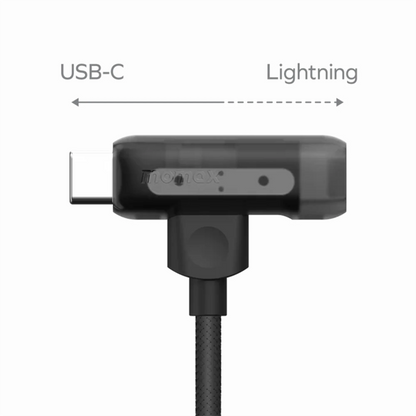 future tech gadgets Canada. premium tech accessories Canada. Momax 1-Link Flow Duo 2-in-1 Braided Cable 1.5M. Gallery image 3. The image shows a black USB-C to Lightning adapter positioned horizontally in the center of a plain white background. The adapter features a glossy finish with a textured cable that extends downward. On the side of the adapter, there is a small button and the brand name "nomax" is visible in a subtle print.