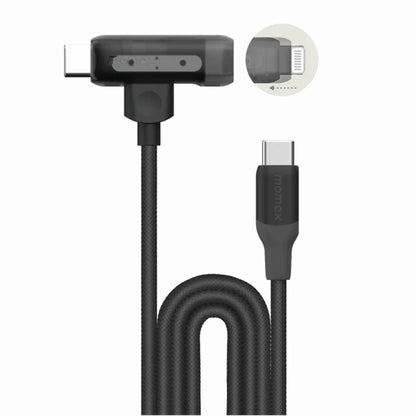 future tech gadgets Canada. premium tech accessories Canada. Momax 1-Link Flow Duo 2-in-1 Braided Cable 1.5M. Gallery image 4. A black, braided charging cable is prominently displayed in the center of the image, with one end featuring a USB-C connector and the other end a Lightning connector. The cable is coiled in a loose loop, showcasing its flexibility. Above the cable, a small inset image illustrates the Lightning connector's orientation.